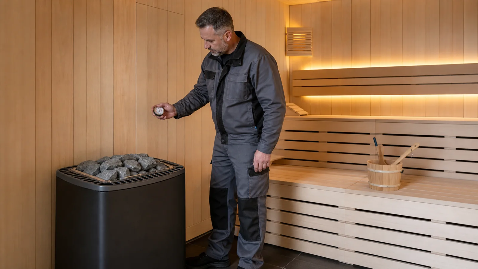 Saunatechniker prüft in einer hellen Holzsauna Steinoberfläche, Hygrometer, Sitzhöhen und Luftauslass