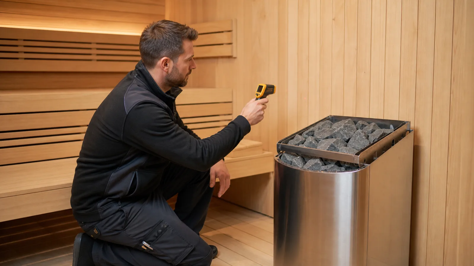 Saunatechniker misst bei der Prüfung eines elektrischen Saunaofens die Oberflächentemperatur in einer hellen Holzsauna