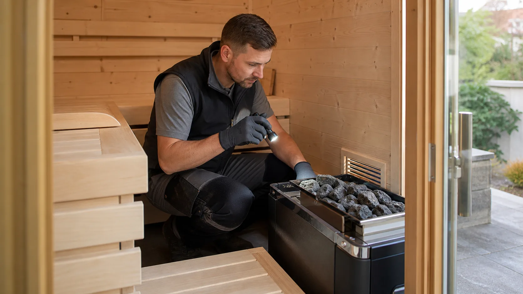 Servicetechniker prueft in einer laenger ungenutzten privaten Sauna Ofensteine und Lueftung mit einer Inspektionsleuchte