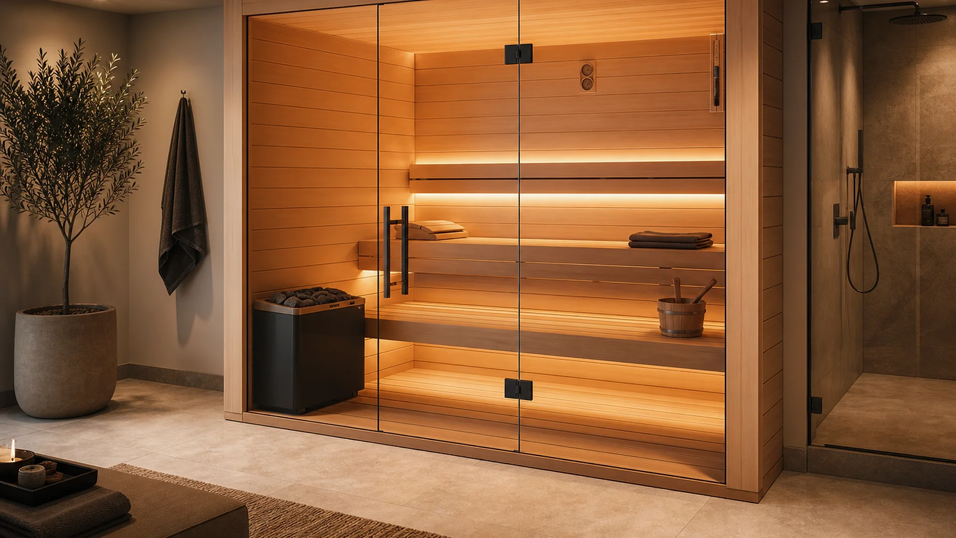 warmer Saunaraum mit Holzbank, Ofenbereich, sauberer Lüftung und dezentem Technikdetail